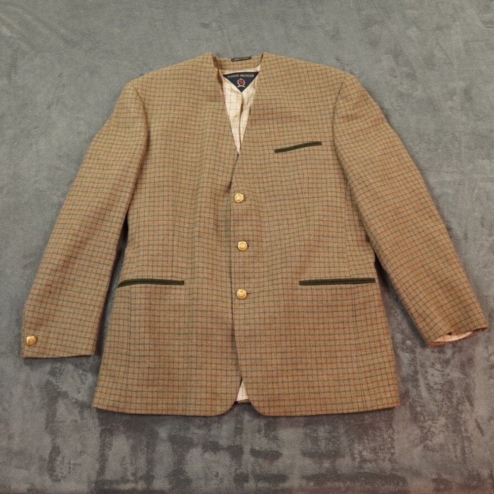 Tommy Hilfiger Mens Blazer Jacket Tweed Plaid Gold Buttons Classic Fit USA 44L